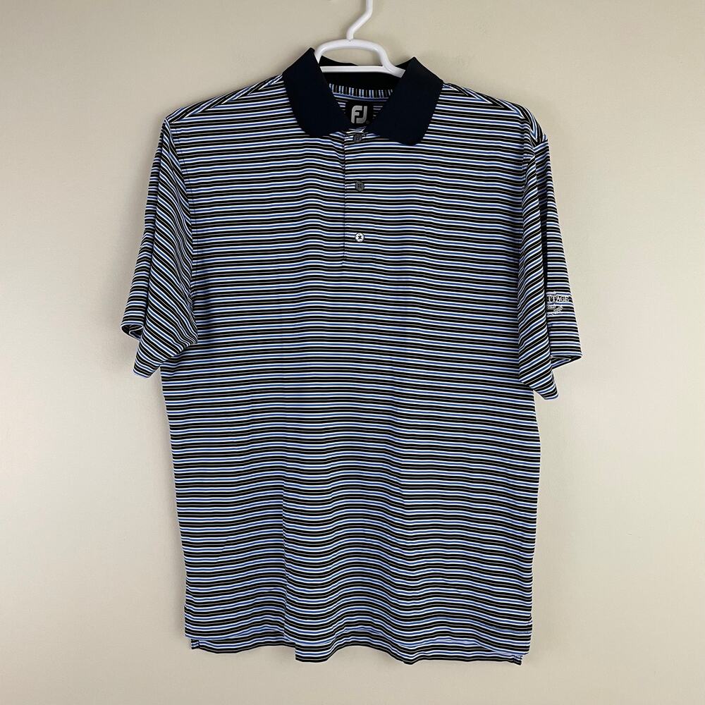 FootJoy Mens Short Sleeve Golf Polo Shirt Size L Blue Striped Heritage Club Logo